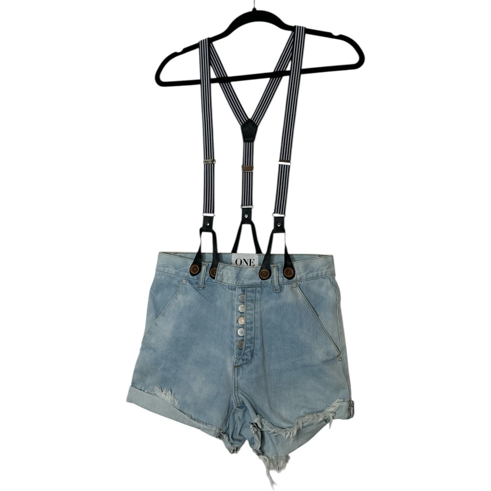 One Teaspoon Overall Shorts Women 26 Blue Button Fly SAMPLE Distressed NWOT